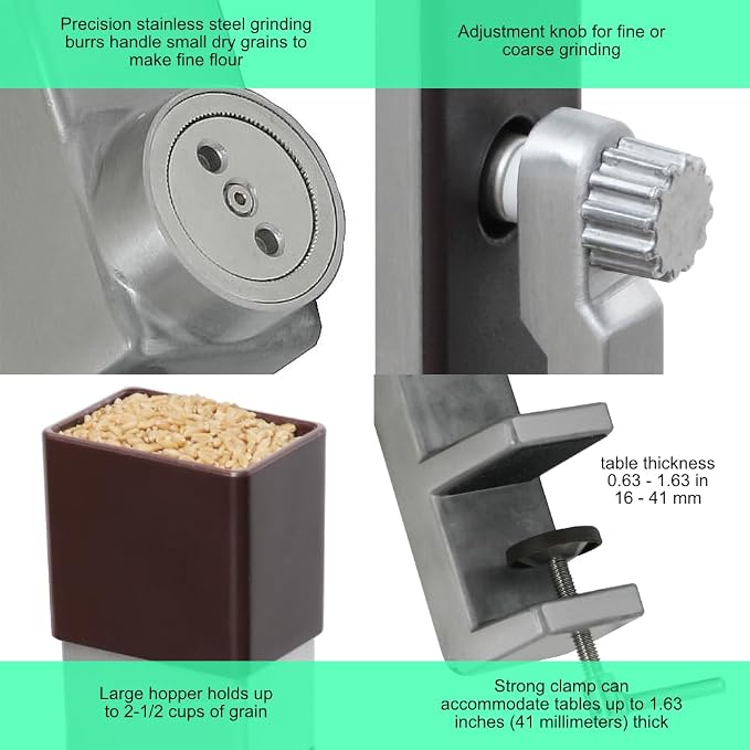 Kitchen Crop Grain Mill Wheat Flour Grinder, Stainless Steel Metal Burrs (Hand Crank Grain Mill)