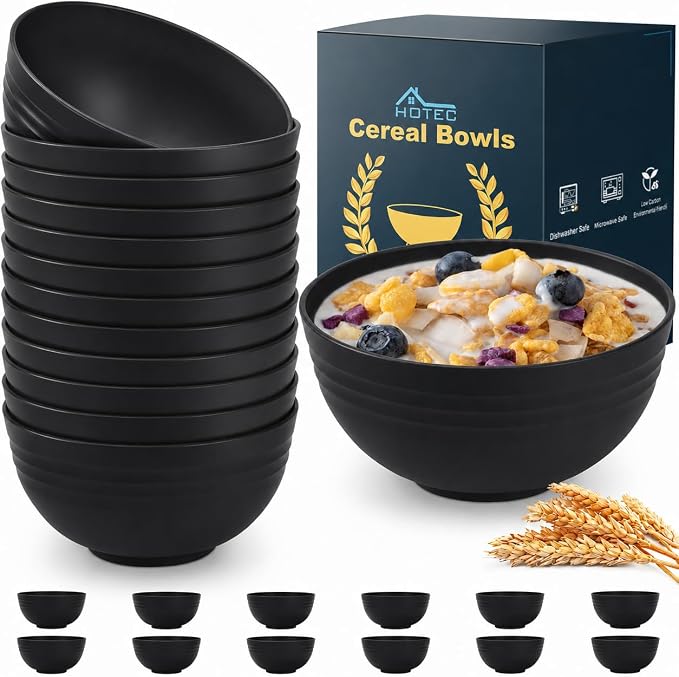 HOTEC 12-PACK BPA Free Unbreakable Plastic Cereal Bowls - Microwave & Dishwasher Safe Soup Salad Camping Bowls, 26OZ, Black