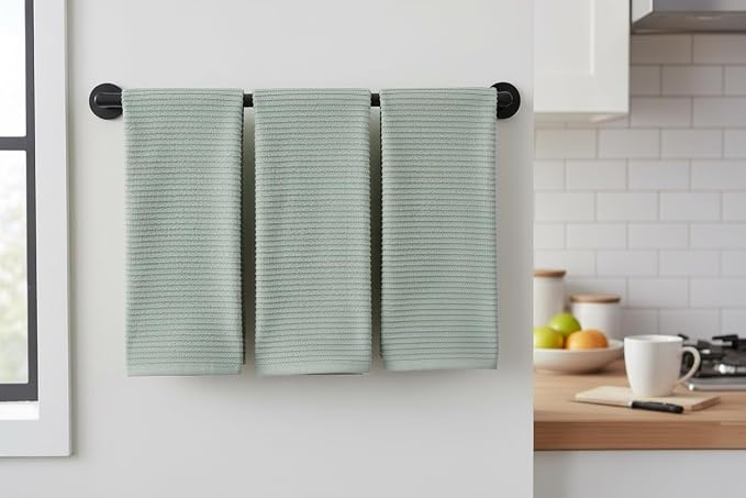 Sage Green Kitchen Hand Dish Towels, Set of 3, 100% Cotton, 18" x 28" | Terry Loop Ribbed Textured, Soft & Absorbent Cleaning Cloth, Quick Dry, Multipurpose for Everyday Use