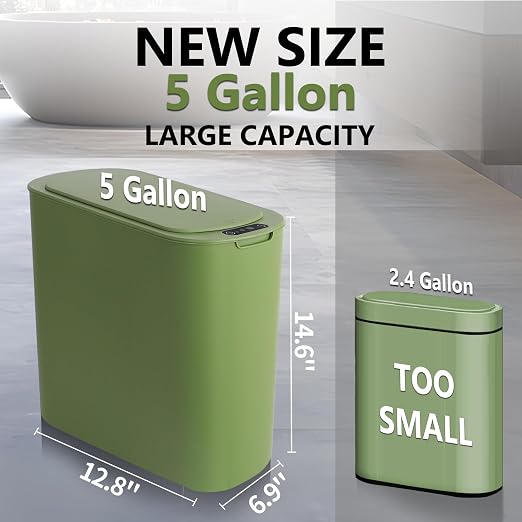 TIPGO 5 Gallon Automatic Bathroom Trash Can with Lid, Green, Touchless | Motion Sensor, Slim Smart Garbage Bin, Plastic Wastebasket, Battery Operated, Manual Button, for Bedroom, Office,RV
