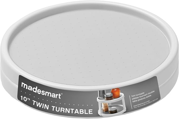 madesmart Classic 10 Inch Two Level Turntable, White | tiered organization, wide base, smooth spinning access, spices snacks bottles, cabinet pantry use, woman owned