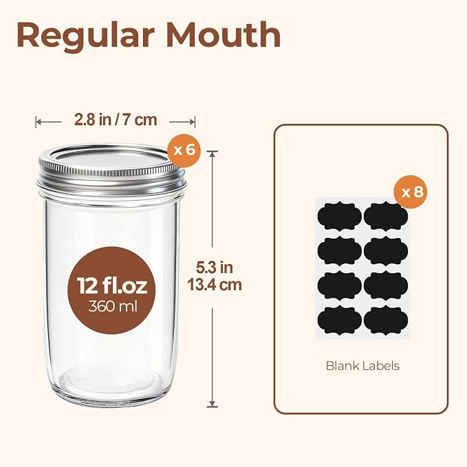 ComSaf 12 oz Mason Jars, 6 Pack Regular Mouth Glass Jars with Lids | BPA-Free Materials, Juice, Pickles, Sauces, Desserts, Overnight Oats, Medium Portions