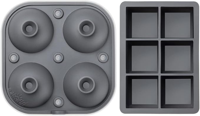 Samuelworld Large Silicone Premium Ice Trays, 2-Pack Combo, 2 Inches Big Cubes & 2.5 Inches Sphere Ice Molds - BPA Free, Craft Ice Maker for Gifting, Whiskey, Cocktails, Easy Release - Gray
