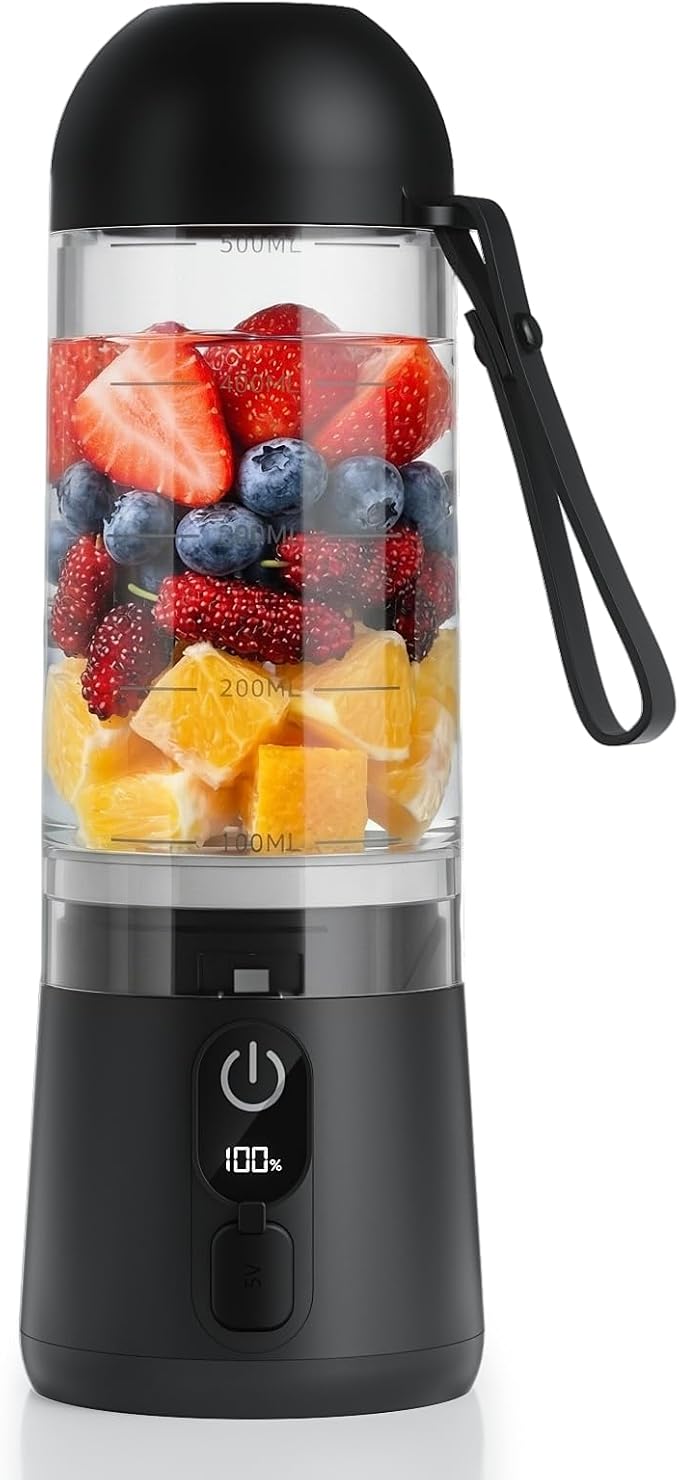 Portable Blender, USB C Rechargeable Small Smoothie Blender with Lid | Personal Blender for Shakes, protein, 8 Blades, Travel Friendly Mini Mixer for Home, Office, Gym, 17oz Black