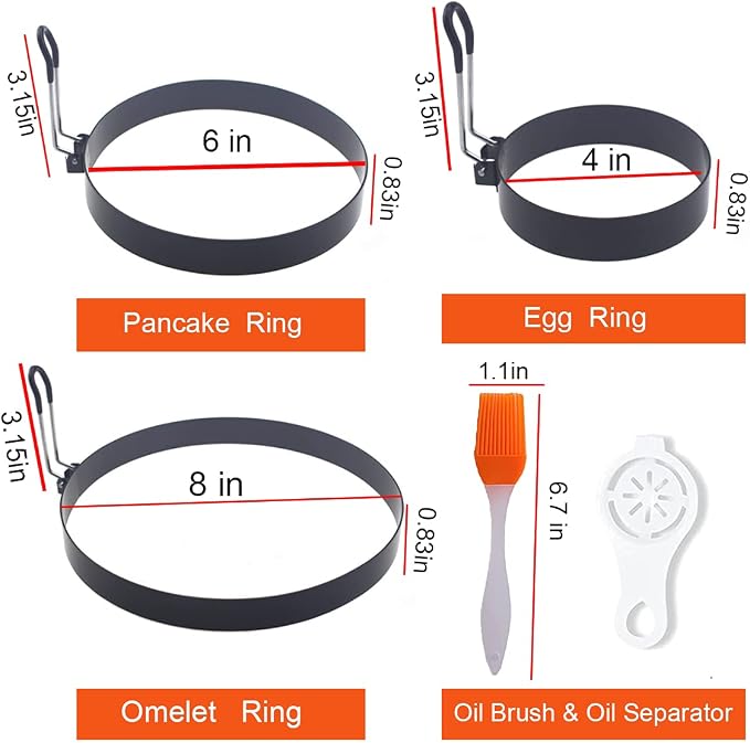 Stainless Steel Egg Cooker Set - 8" Omelette Ring, 6" Pancake Ring, 4" Griddle Egg Ring - Non-stick, Upgrade Large 3 Packs Egg Cooking Rings with Oil Brush & Egg Separator