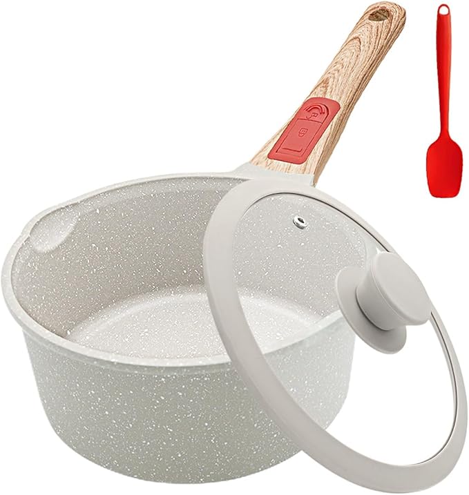 2.5 Qt Nonstick Sauce Pan with Lid, Sauce Pot with Pour Spout, White | Detachable Handle, Suitable for All Stoves, Including Induction, Oven Safe, PTFE & PFAS & PFOA Free