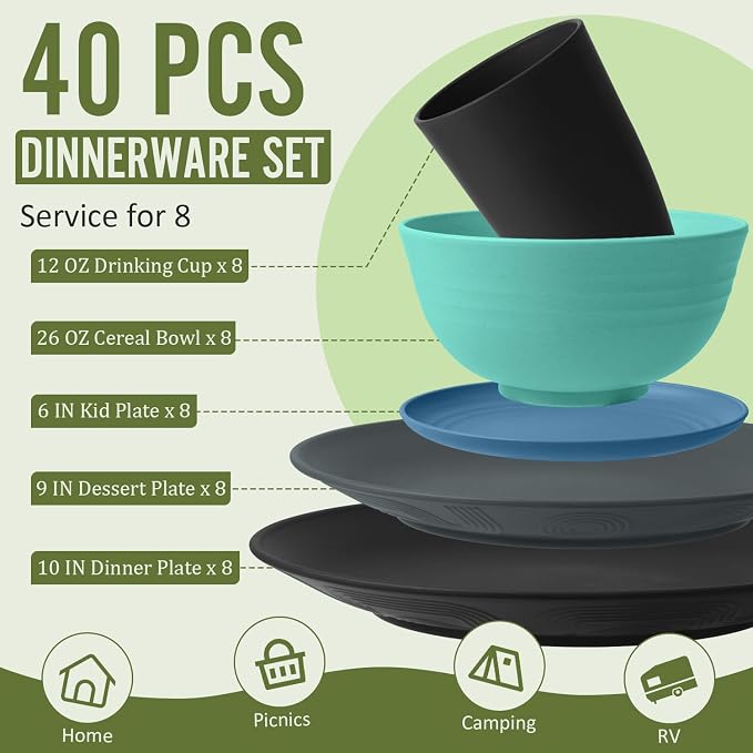 40 PCS Wheat Straw Plates and Bowls Sets,Dishware Set for 8,Unbreakable Kitchen Plates and Bowls Set for Travel Party Dishwasher & Microwave Safe Lightweight Plastic Dishes Set - Calm Tones