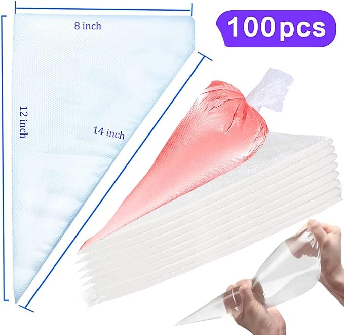 100 Pieces Piping Bags Disposable -14 inch Tipless Piping Bags | Pastry Bags | Icing Bags | Frosting Bags for Cake Cookies Baking Decorating (100, 14inch)