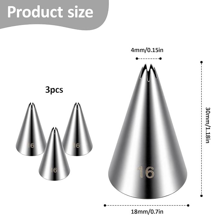 3 Pieces Cake Decrorating Tip #16, Cake Piping Tips Open Star Icing Pipings Tip Seamless Icing Tips Stainless Steel Cupcake Piping Tipes for Frosting Macarons Dessert Cakes Decorations