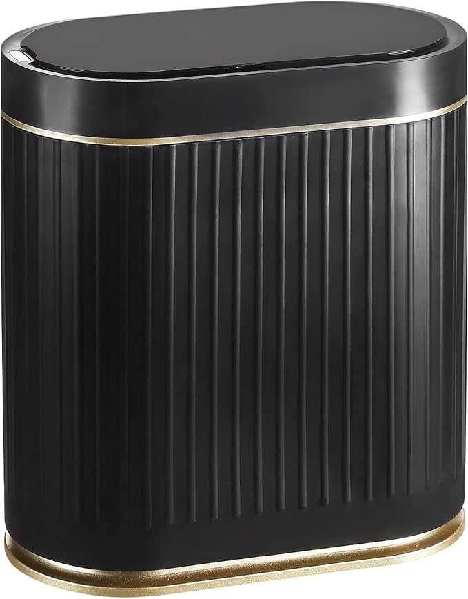 ELPHECO Slim Bathroom Trash Can with Lid, 2 Gallon Black Golden | Smart Garbage Can, Plastic Wastebasket, Narrow Garbage Bin, Waterproof Bathroom Decor for Bedroom
