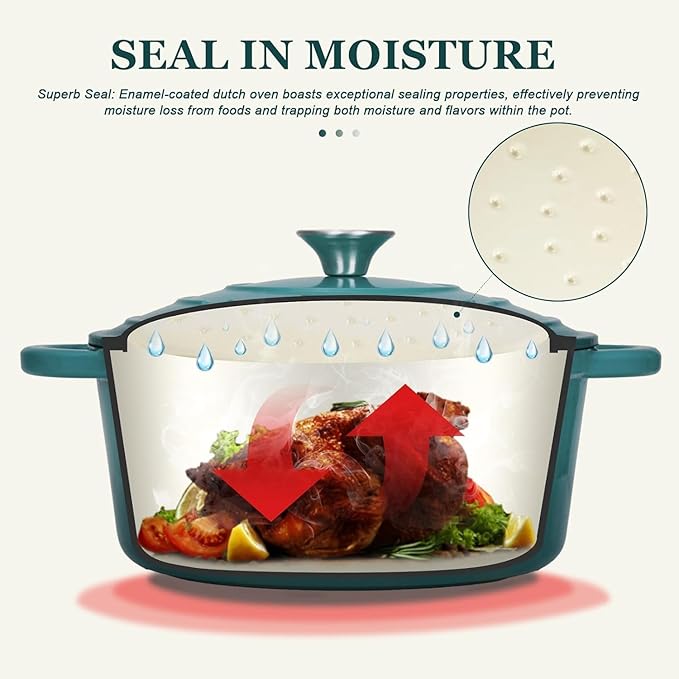 Overmont Enameled Cast Iron Dutch Oven - 5.5QT Pot with Lid Cookbook & Cotton Potholders - Heavy-Duty Cookware for Braising, Stews, Roasting, Sourdough Baking bottle green