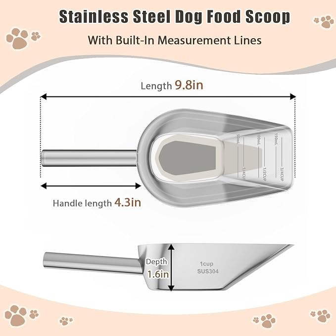 Matel pet dog cat food measuring scoop 1 cup,Food-grade 304 stainless steel material,Long handle and dishwasher-safe