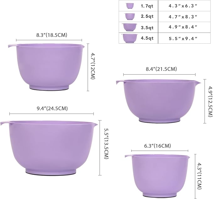 BoxedHome Nesting Plastic Mixing Bowl Set, 4 Piece Mixing Bowl Set with Pour Spouts, Size 1.7, 2.5, 3.5 and 4.5qt, for Prepping, Mixing, Baking, Cooking(2023 New Version, Purple) | 4.5/3.5/2.5/1.7 quarts,Non-slip Base Large Nesting Bowl with Pour Spout...