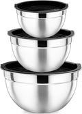 P&P CHEF Stainless Steel Mixing Bowls with Lids, Set of 3, Black | Nesting Salad Bowl, Sturdy& Rust Proof, Airtight & Stackable, Suit for Mixing, Storing, Prepping, 3 Size - 4.6/3 /1.5 QT