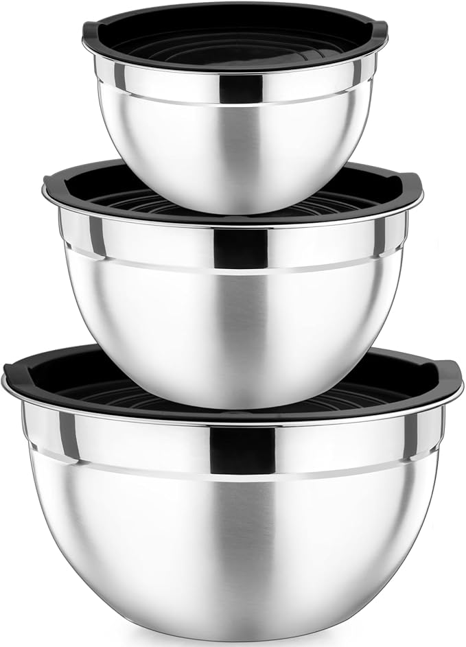 P&P CHEF Stainless Steel Mixing Bowls with Lids, Set of 3, Black | Nesting Salad Bowl, Sturdy& Rust Proof, Airtight & Stackable, Suit for Mixing, Storing, Prepping, 3 Size - 4.6/3 /1.5 QT