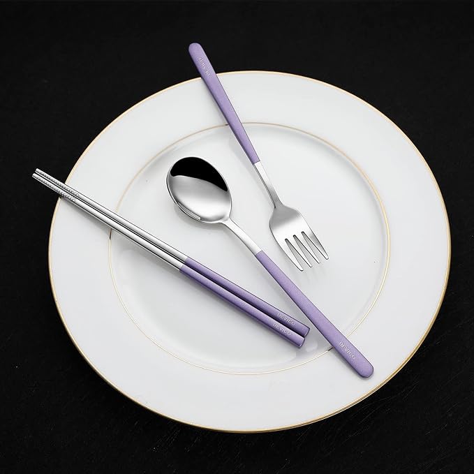 DEVICO Travel Utensils with Case, 4Pcs Portable Silverware Set for Work, 18/8 Stainless Steel Reusable Cutlery, Korean Spoon and Chopsticks Fork for Camping, School, Lunch Box Accessories (Purple)