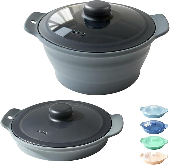 42oz Silicone Microwave Steamer For Cooking, Collapsible Food Steamer For Vegetable, Seafood, Soup, Leftovers, Rice Cooker, BPA Free Small Steam Pot with Handle & Lid, Dishwasher Safe (Grey), 1 Pack