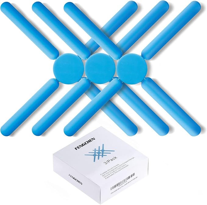 3/Pack Foldable Trivets Silicone, FENGCHEN Folding Trivets, Non-Slip Collapsible Cross Compact Design Expandable Silicone Pot Holder, Blue