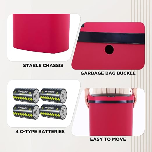 BestOffice | 13 Gallon Plastic Trash Can with Lid | Red | Automatic Touchless Garbage Can | Odor Control | Modern Oval Design | Easy to Clean | For Kitchen, Bathroom, Office or Home