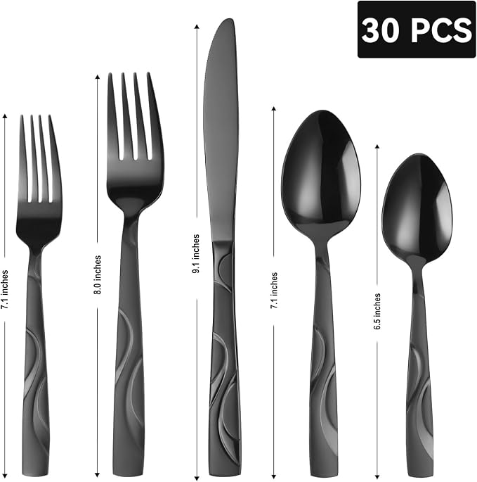 30-Piece Black Silverware Set for 6 | Grade 430 Stainless Steel Flatware Set, Cutlery Set Service for 6, includes Fork Spoon and Knife, Dishwasher Safe