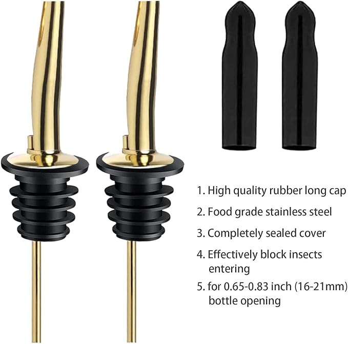 Pafusen 6 Pack Liquor Bottle Pourers, Liquor Pour Spout for Liquor Bottles, Stainless Steel Olive oil Dispenser Spout, Alcohol Pourer Spouts Dust Caps Long Covers, Gold