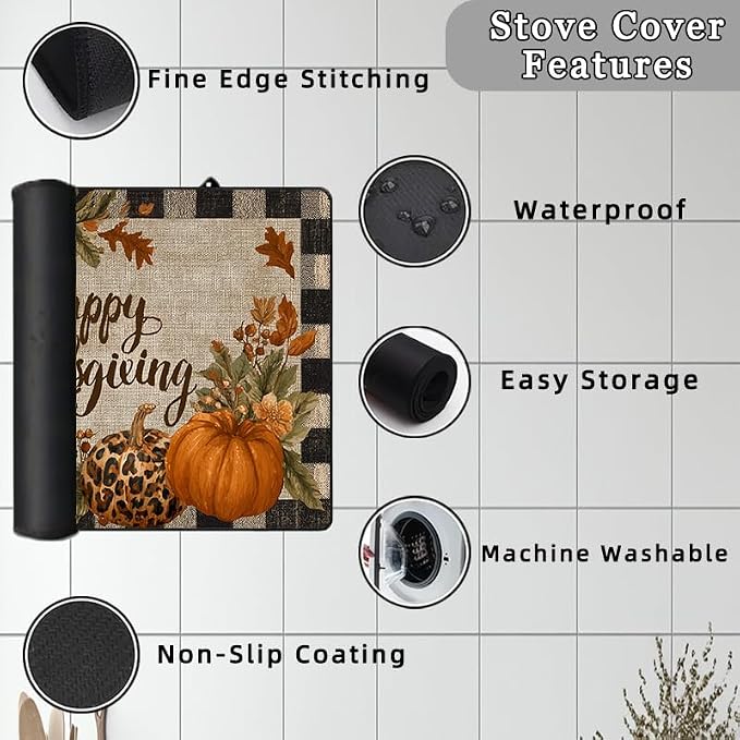 Thanksgiving Day Stove Top Cover for Electric Stove Fall Heat Resistant Glass Cooktop Cover,Check Pattern Glass Cooktop Protector,Autumn Maple Leaves Stove Top Protector