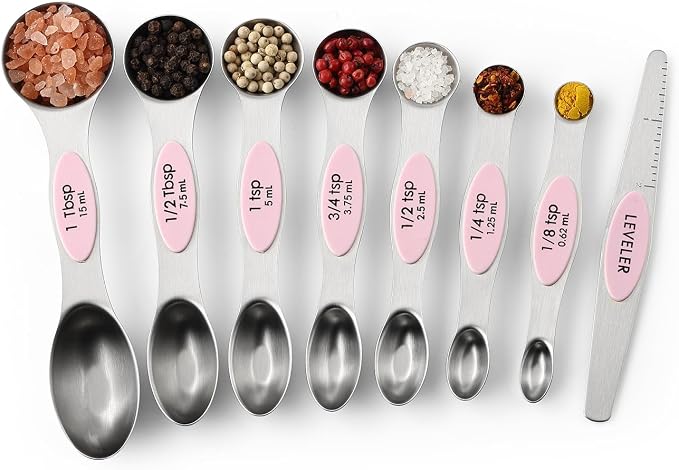 Spring Chef Stainless Steel 8 Magnetic Measuring Spoons Set, Pink Lemonade | Dual Sided Metal Teaspoon & Tablespoon Measuring Spoons with Leveler for Dry & Liquid Ingredients, Fits in Kitchen Spice Jars