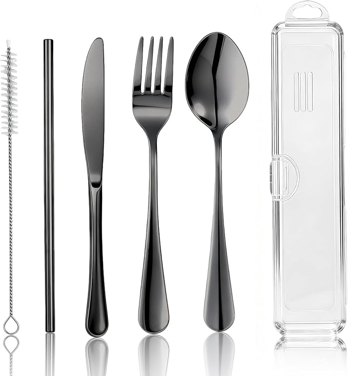 Travel Camping Utensils with Case, 6 Pcs Reusable Stainless Steel Silverware Cutlery Set, Spoon, Fork, Knife + Straw/Brush Kit for Camping, Travel, Office, Lunch Box, Eco On-the-Go (black)