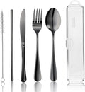 Travel Camping Utensils with Case, 6 Pcs Reusable Stainless Steel Silverware Cutlery Set, Spoon, Fork, Knife + Straw/Brush Kit for Camping, Travel, Office, Lunch Box, Eco On-the-Go (black)