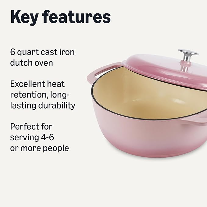 Amazon Basics Enameled Cast Iron Dutch Oven Pot with Lid, Round, Dual Handles, Heavy-Duty, Oven Safe for Stews, Roasting, Baking, 6-Quart, Light Pink