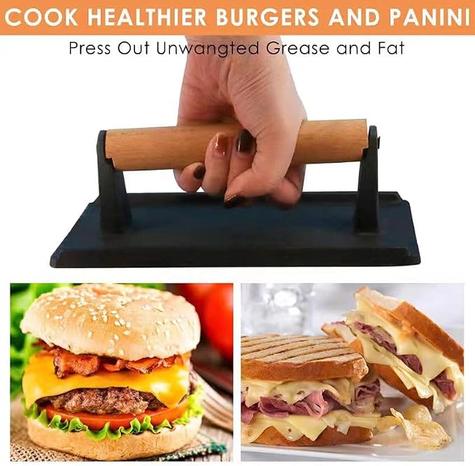 KitchenTools Heavy Duty 8"Cast Iron bacon Grill Press Smash Burgers Press Burger Tool for Grill and Griddle BBQs and Tailgates Gifts for Men and BBQ Enthusiasts
