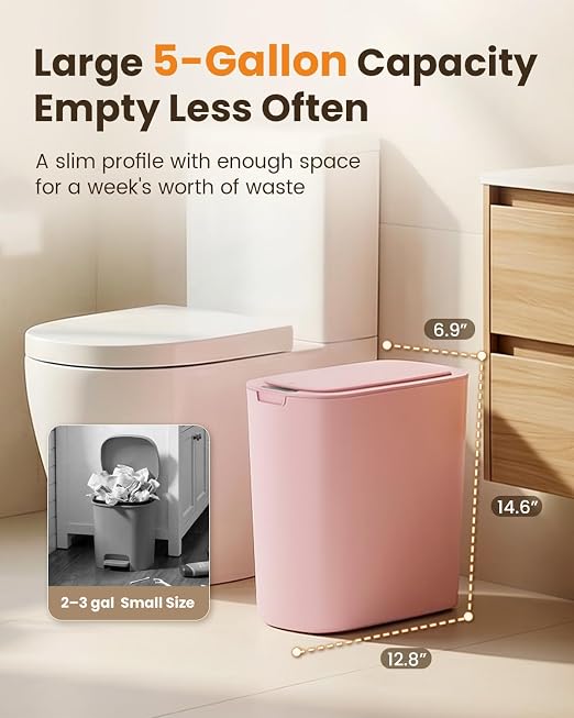 Cesun 5 Gallon Automatic Bathroom Trash Can with Lid, Pink, Touchless | Motion Sensor, Slim, Small Smart Garbage Bin, Plastic, Battery Operated, Manual Button, for Office/RV/Bedroom/Living Room
