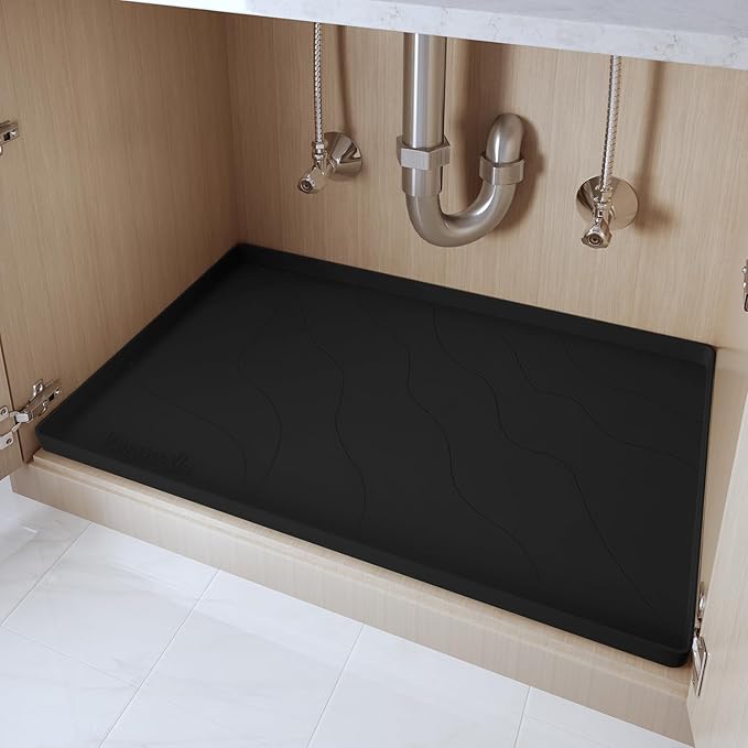 Heavy Duty Silicone Under Sink Mats for Kitchen Waterproof 19" x 19", Extra Thick Under Sink Rubber Mat Drip Tray, Raised Edge Under Sink Liner,Prevent Drips, Leaks, Spills,Black