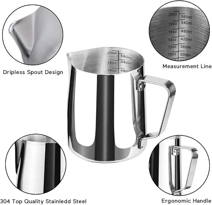 Stainless Steel Milk Frothing Pitcher Cappuccino Pitcher Pouring Jug Espresso Cup Creamer Cup for Latte Art, 20 Ounce (600 ML)