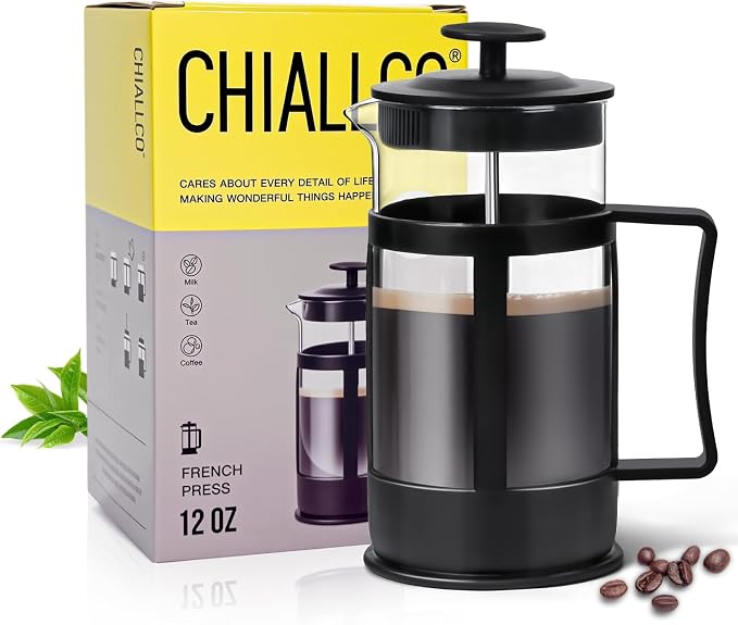 Chiallco Mini French Press Coffee Maker, Heat Resistant Thickened Borosilicate Classic Glass Stainless Steel Coffee Press, 12OZ Heat Cold Brew Coffee Pot Tea Press for Kitchen Travel Camping，Black