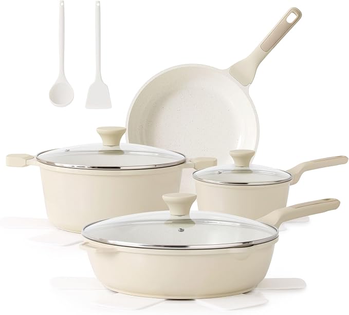 SENSARTE Nonstick Ceramic Cookware Set Large-Size 13-Piece, Healthy Pots and Pans Set, Non-toxic Kitchen Cooking Set with Stay-Cool Handles, PFAS and PFOA Free, Cream White