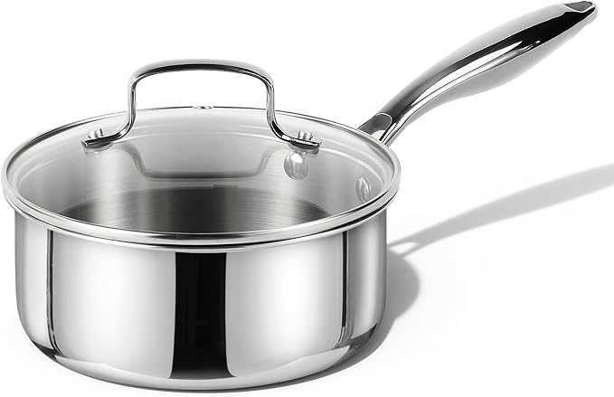 CAROTE 1.5Qt Stainless Steel Saucepan, Non-Toxic 3-Ply Stainless Steel Cookware Set with Lids, Small Kitchen Pots, Oven Safe, Compatible with Induction, Ceramic, Gas