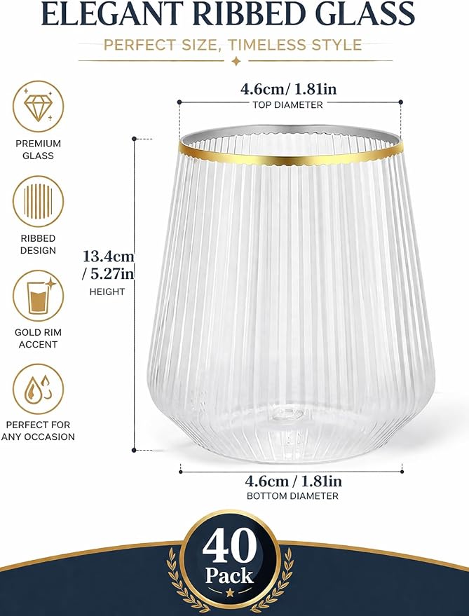 40 Pack 12oz Ribbed Gold Rim Disposable Wine Glasses, Plastic Cocktail Cup | Oojami Stemless Champagne Whiskey Cups, Shatterproof BPA-Free Reusable Recyclable, for Wedding Birthday Party Bar Events