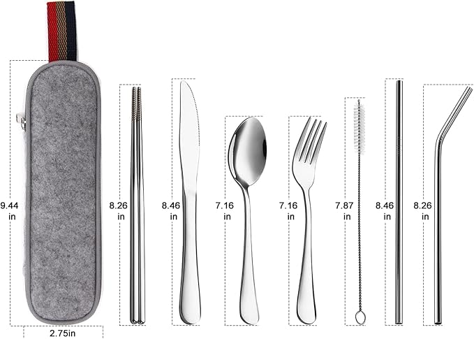 DEVICO Camping Utensils, Full-Size Travel Silverware Set with Case for Work | 8Pcs Stainless Steel Travel Cutlery Set, Portable Metal Straws Chopsticks Fork Spoon Knife Set for Lunch Box/School, Silver
