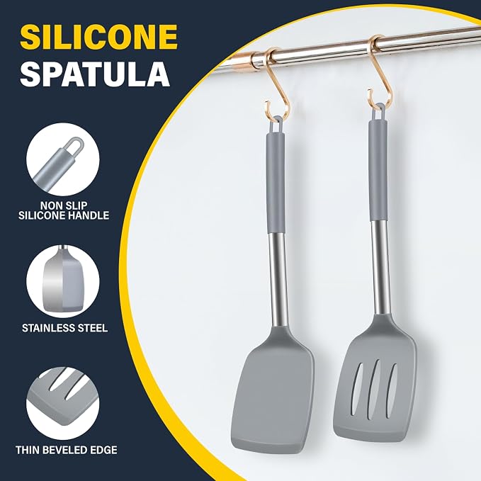 2 Pack Silicone Spatula Set, Solid & Slotted Turner for Non-Stick Pans, High Heat Resistant Silicone Spatula for Cooking, BPA-Free Stainless Steel Cooking Utensils for Fish, Eggs, Pancakes, Gray