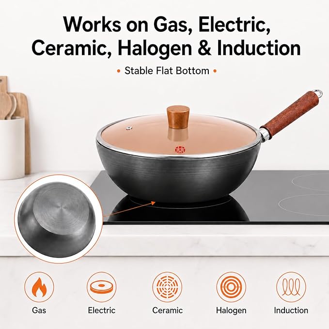 WANGYUANJI 10.24-Inch Carbon Steel Wok with Lid, Flat Bottom Small Wok Pan for 1–3 Servings, Uncoated Stir Fry Pan, Glass Lid, Induction/Gas/Electric Compatible, Wood Handle, Black