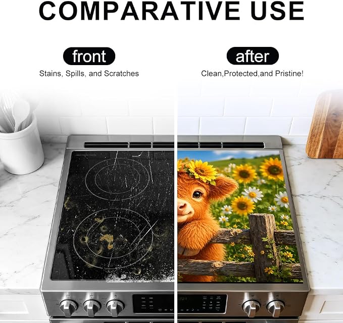 Farmhouse Highland Cow Stove Top Cover 28x20 Inch Electric Stove Cover | Heat Resistant Cooktop Protector Mat with Non-Slip Backing, Scratch Protection and Countertop Drying Mat.