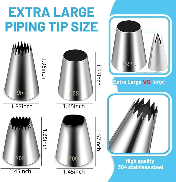 26PCS Extra Large Piping Tips and Bags Set,Jumbo Round Square Wide Star tip | for Churros,Eclairs,Macarons,Cupcakes,4Jumbo Frosting Nozzles,with 20Pcs 18Inch Large Pastry Bags Disposable,5Bag Ties,Bursh