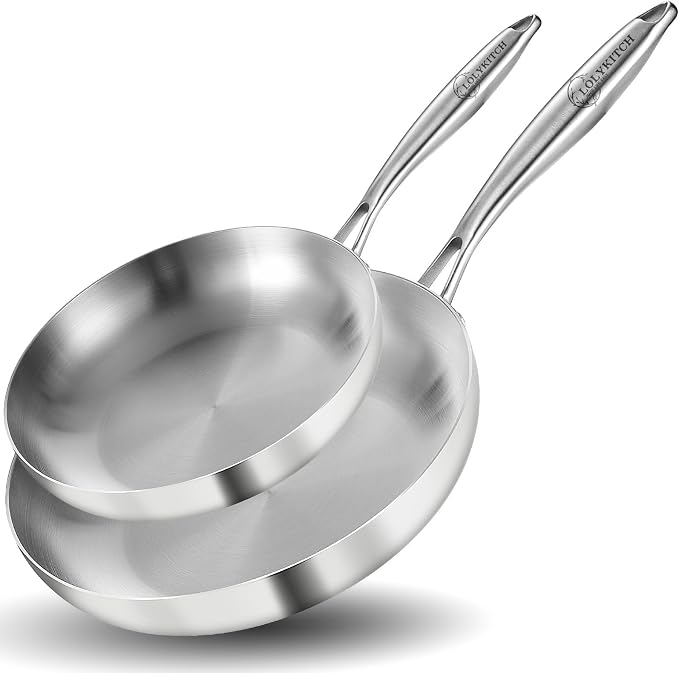 LOLYKITCH 10-12 Inch Frying Pan Set | Tri-Ply Stainless Steel Skillet | Fast & Even Heating | Stay-Cool Detachable Handle | Dishwasher and Oven Safe | Induction Ready | For Modern Home Kitchens