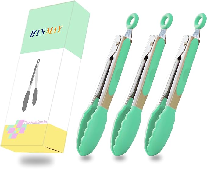 HINMAY Mini Tongs with Silicone Tips 7-Inch Cooking Tongs, Set of 3 (Mint)