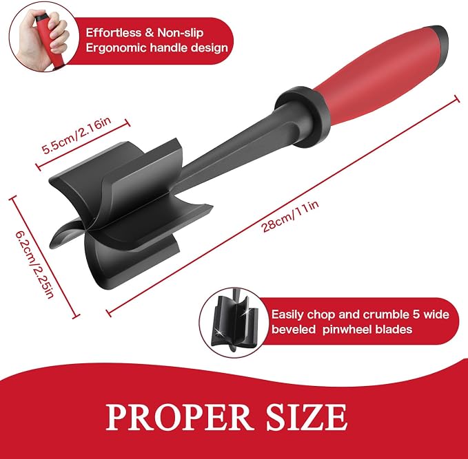 2 Pack Meat Chopper Ground Beef Masher Tool for Hamburger | 5 Curve Blades Heat Resistant Meat Masher Tool, Turkey and More, Nylon Hamburger Chopper Utensil Non-scratch Utensils-Red