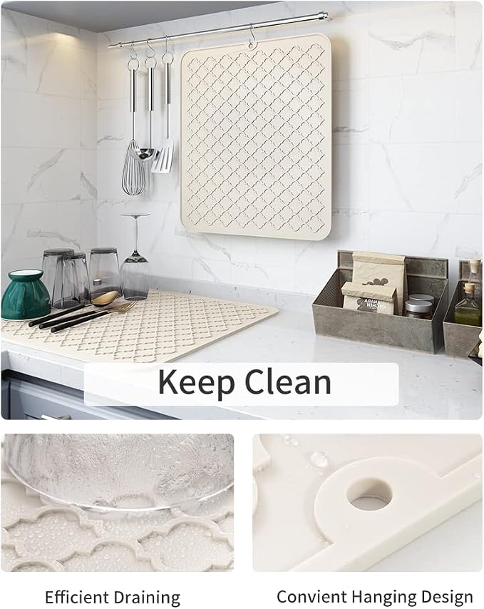 AMOAMI-Dish Drying Mats for Kitchen Counter-Silicone Dish Drying Mat-Kitchen Dish Drying Pad Heat Resistant Mat-Kitchen Gadgets Kitchen Accessories Kitchen Small Appliances(16" x 18", BEIGE)