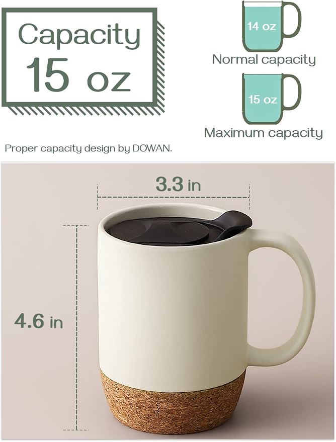 DOWAN Coffee Mugs Set of 2, 15 OZ Ceramic Mug with Cork Bottom and Splash Proof Lid, Large Coffee Cup with Handle for Tea Latte, Beige