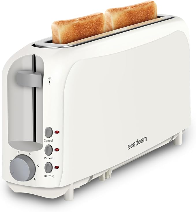 SEEDEEM 2 Slice Slim Toaster, 10" Long Slot, 6 Shade Settings, White | Long Slot, 6 Shade Settings, Cancel/Reheat/Defrost, Removable Crumb Tray