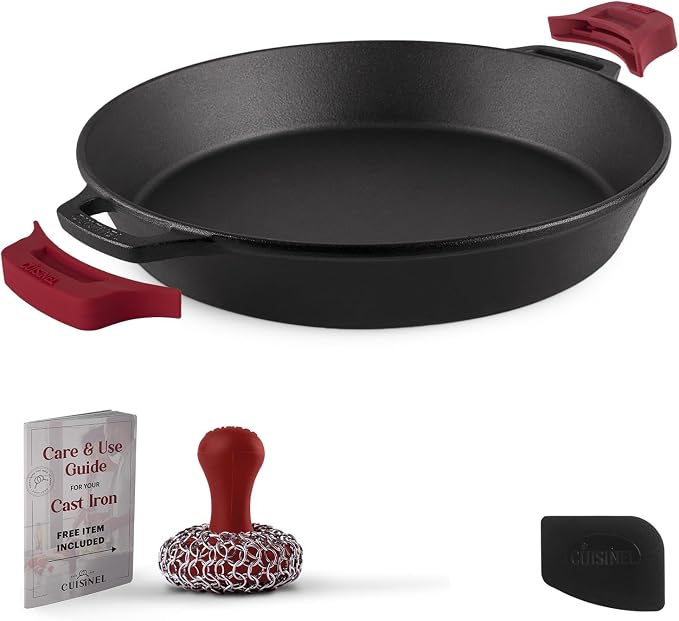 Cuisinel Cast Iron Skillet + Chainmail Scrubber - 15"-Inch Pre-Seasoned Dual Handle Braiser Frying Pan + Silicone Handle Covers - Oven, Grill, Stovetop, Fire, Kitchen Cookware - Indoor/Outdoor Use